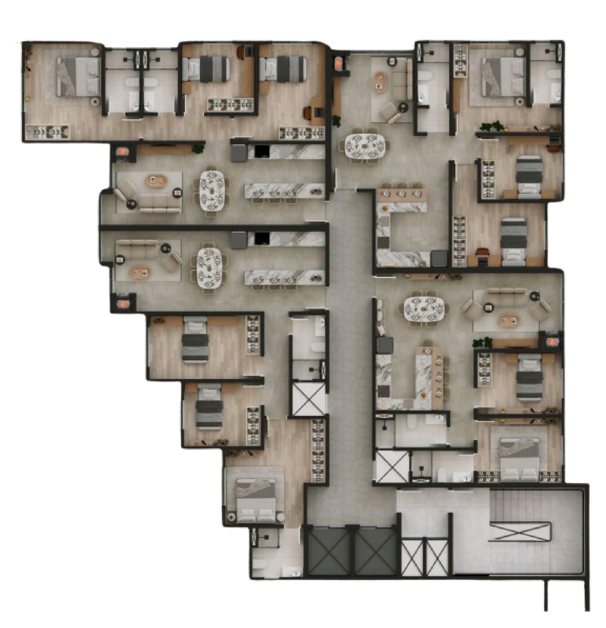 Planta humanizada, Torre 1, com a distribuição dos apartamentos do andar. Imagem ilustrativa.